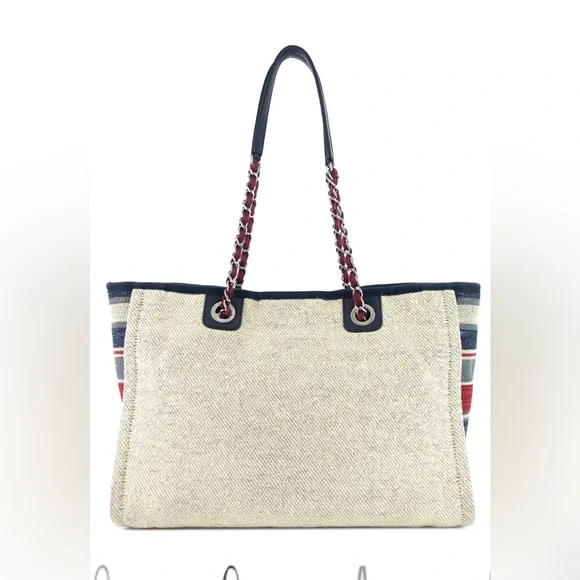 CHANEL Deauville Small Canvas Shopping Tote Bag Cream Multicolor Sides Authentic - Picture 3 of 11
